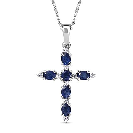 Masoala Sapphire & White Zircon Cross Pendant with Chain (Size 20) in Rhodium Overlay Sterling Silver 1.89 Ct.