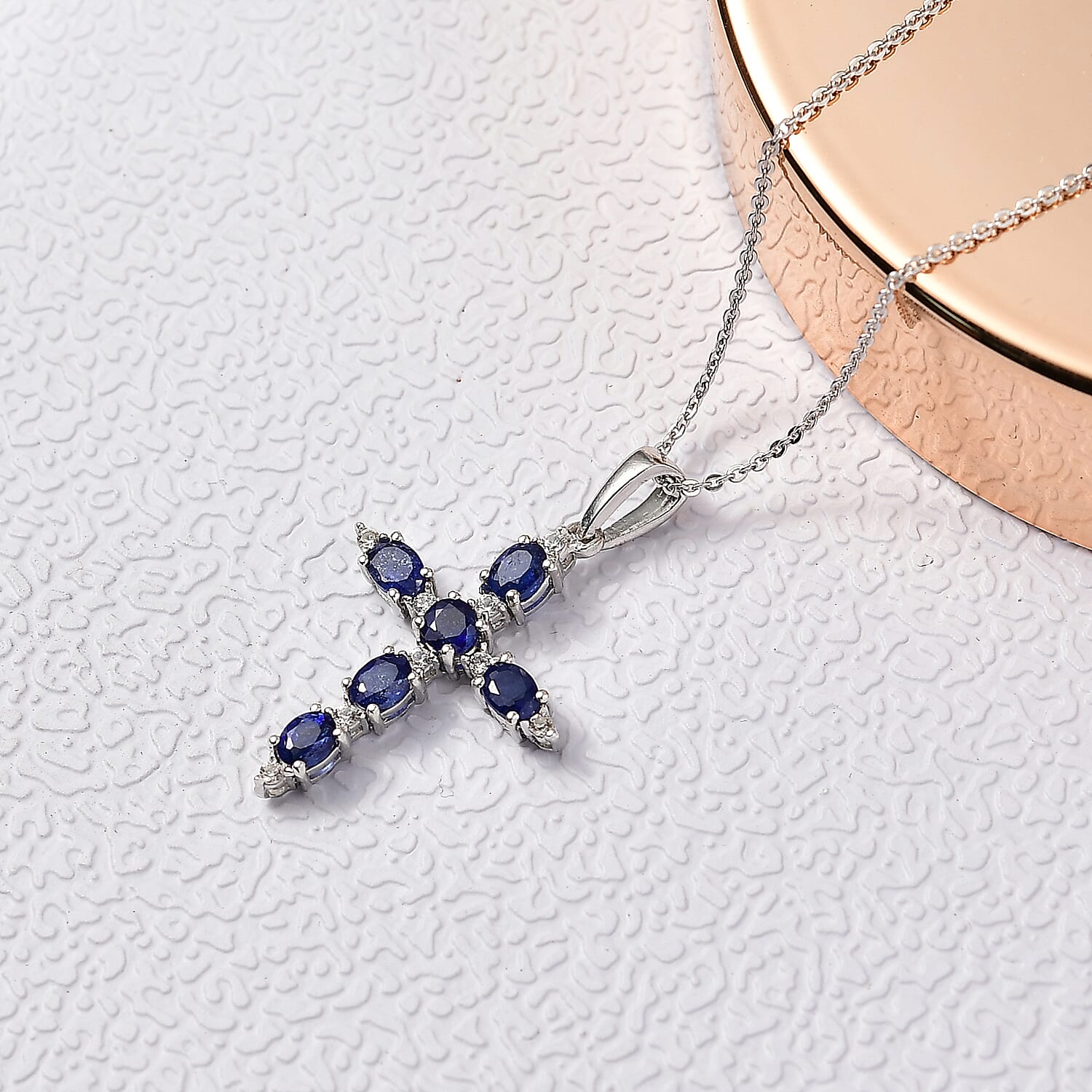 Masoala Sapphire & White Zircon Cross Pendant with Chain (Size 20) in Rhodium Overlay Sterling Silver 1.89 Ct.
