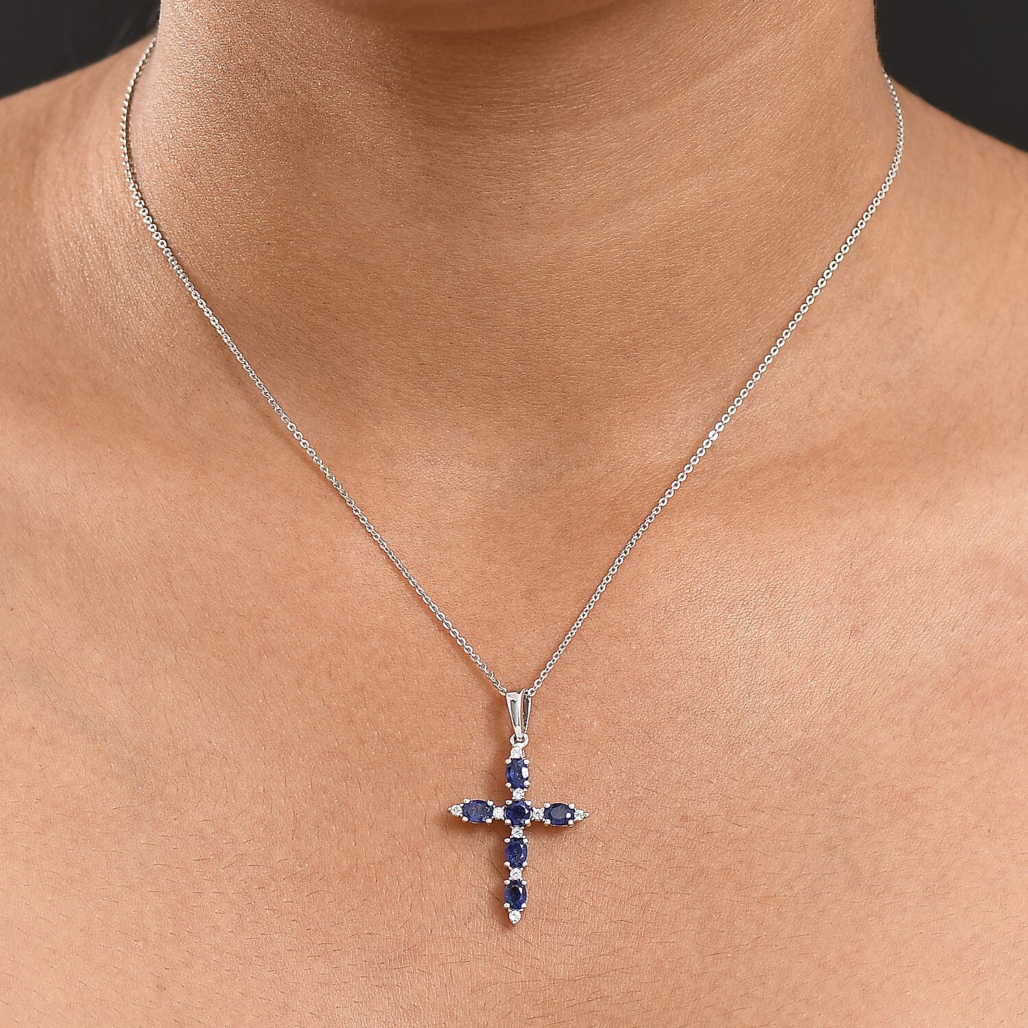 Masoala Sapphire & White Zircon Cross Pendant with Chain (Size 20) in Rhodium Overlay Sterling Silver 1.89 Ct.
