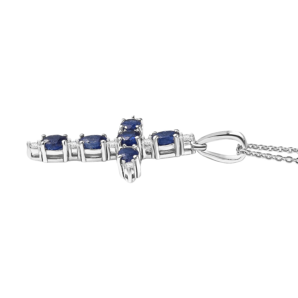 Masoala Sapphire & White Zircon Cross Pendant with Chain (Size 20) in Rhodium Overlay Sterling Silver 1.89 Ct.