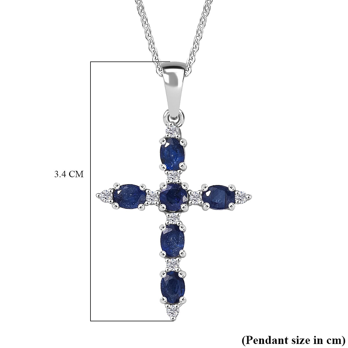 Masoala Sapphire & White Zircon Cross Pendant with Chain (Size 20) in Rhodium Overlay Sterling Silver 1.89 Ct.