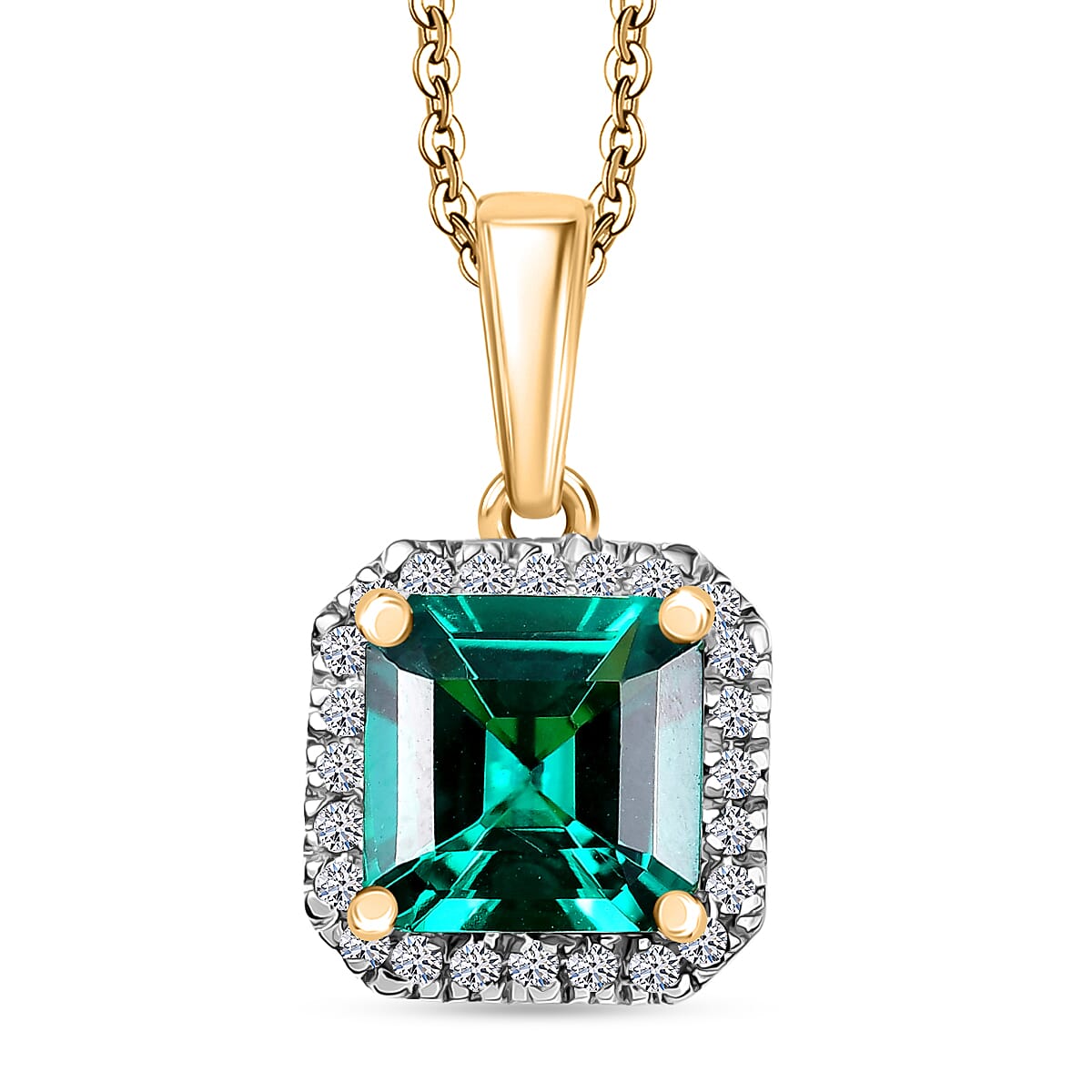 Luxuriant Lab Grown Columbian Emerald & Lab Grown Diamond (SI-GH) Pendant with Curb Chain (Size 20) in 18K Vermeil Yellow Gold Plated Sterling Silver 1.72 Ct.