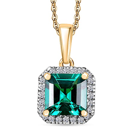 Luxuriant Lab Grown Columbian Emerald & Lab Grown Diamond (SI-GH) Pendant with Curb Chain (Size 20) in 18K Vermeil Yellow Gold Plated Sterling Silver 1.72 Ct.
