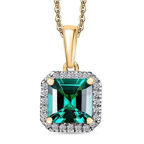 Luxuriant Lab Grown Columbian Emerald & Lab Grown Diamond (SI-GH) Pendant with Curb Chain (Size 20) in 18K Vermeil Yellow Gold Plated Sterling Silver 1.72 Ct.