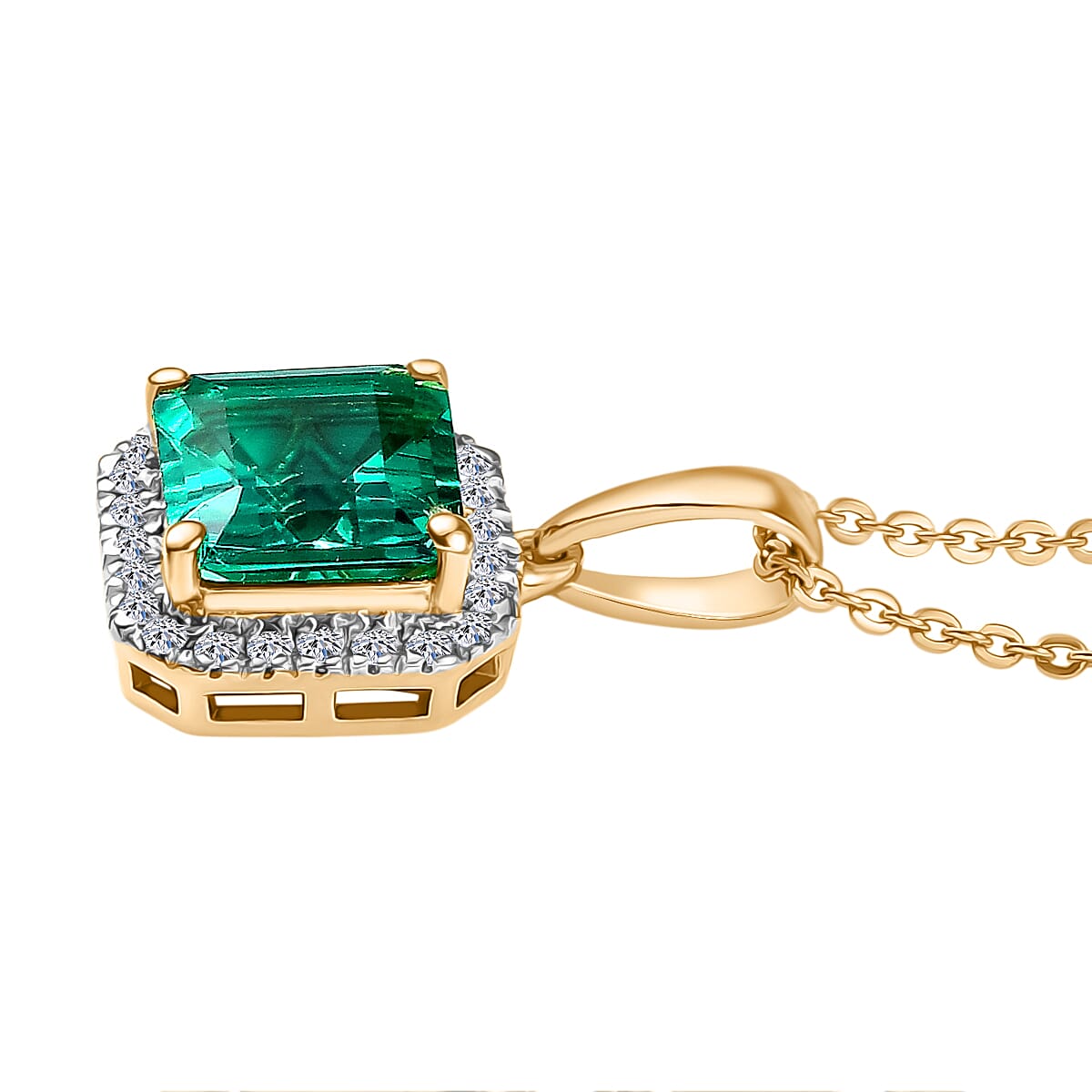 Luxuriant Lab Grown Columbian Emerald & Lab Grown Diamond (SI-GH) Pendant with Curb Chain (Size 20) in 18K Vermeil Yellow Gold Plated Sterling Silver 1.72 Ct.