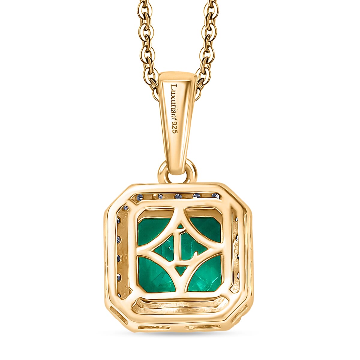 Luxuriant Lab Grown Columbian Emerald & Lab Grown Diamond (SI-GH) Pendant with Curb Chain (Size 20) in 18K Vermeil Yellow Gold Plated Sterling Silver 1.72 Ct.