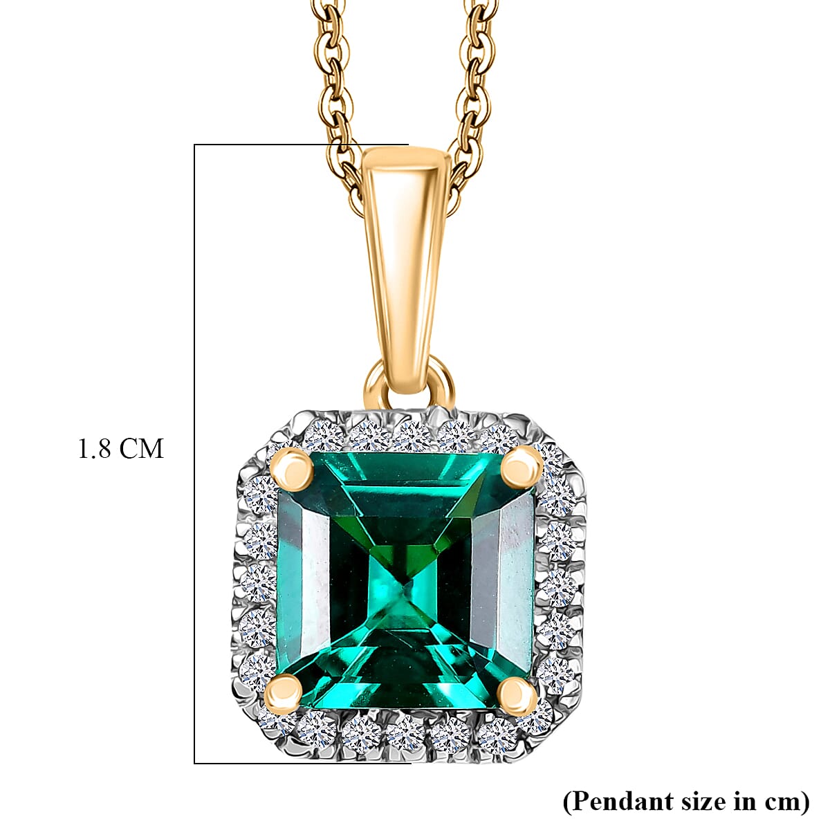Luxuriant Lab Grown Columbian Emerald & Lab Grown Diamond (SI-GH) Pendant with Curb Chain (Size 20) in 18K Vermeil Yellow Gold Plated Sterling Silver 1.72 Ct.