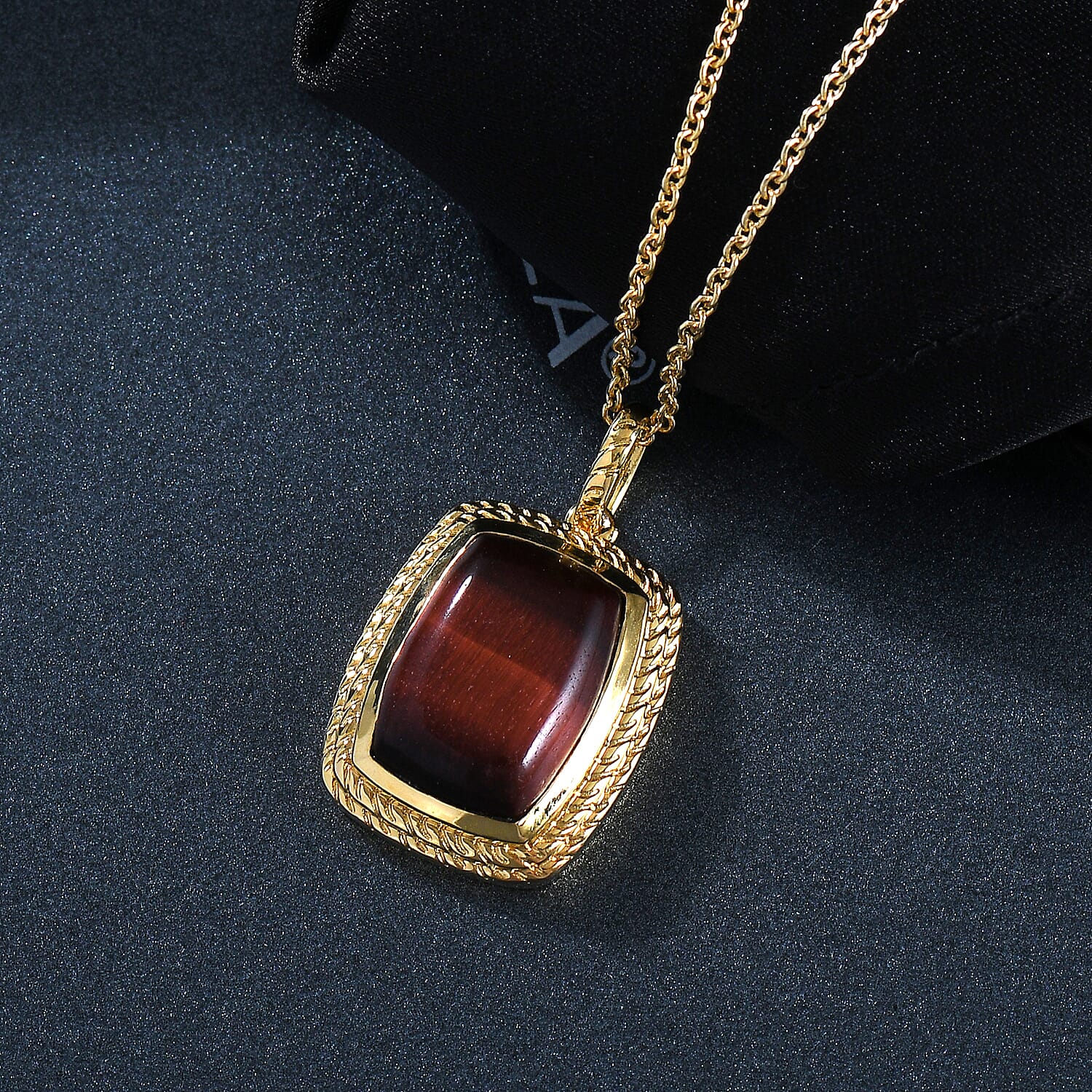 EverTrue Red Tiger Eye Pendant with Chain (Size - 20) in Yellow Gold Plated 11.79 Ct.