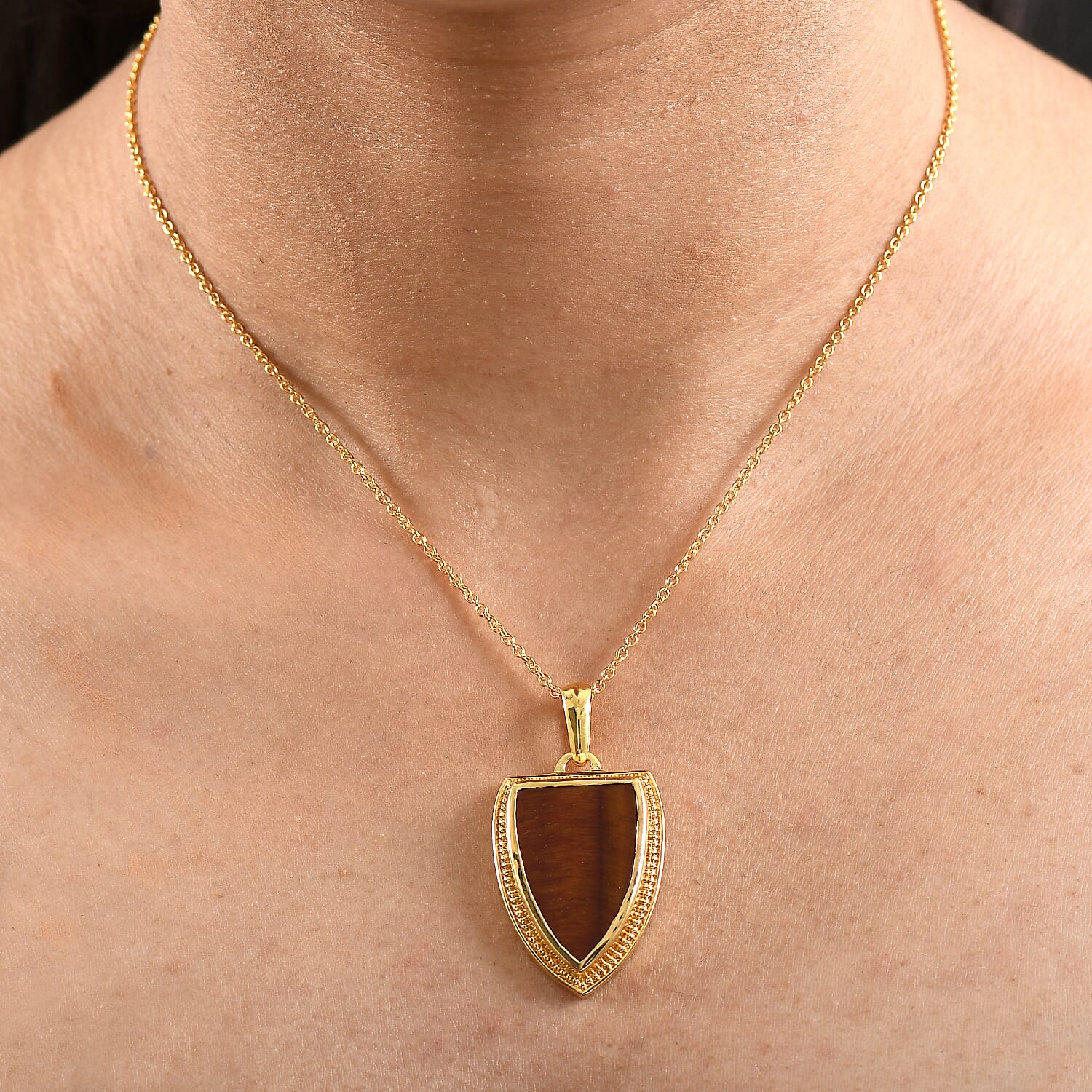 EverTrue Red Tiger Eye Pendant with Chain (Size 20) in Yellow Gold Plated 16.14 Ct.