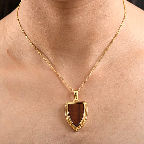 EverTrue Red Tiger Eye Pendant with Chain (Size 20) in Yellow Gold Plated 16.14 Ct.