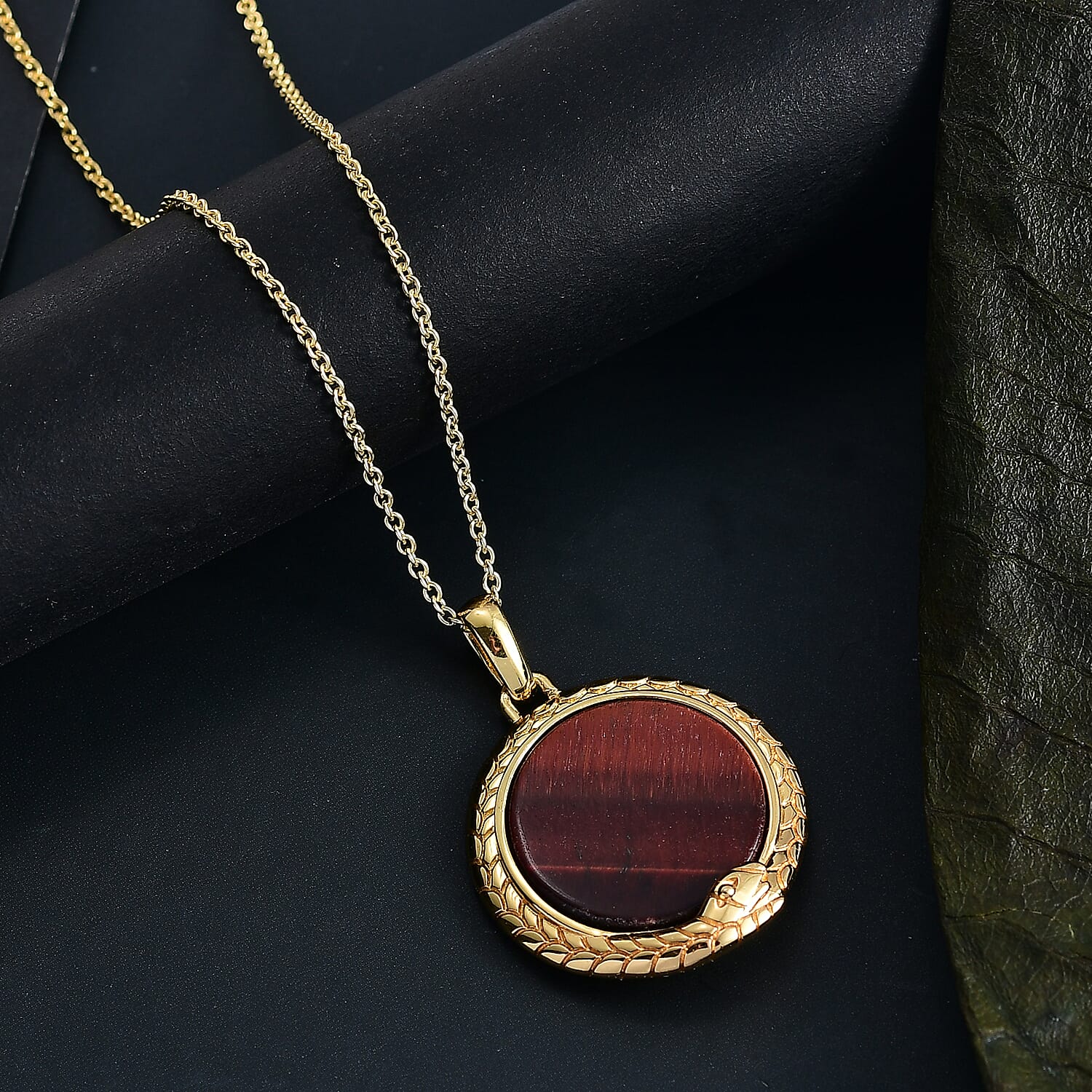 EverTrue Red Tiger Eye Pendant with Chain (Size 20) in Yellow Gold Plated 15.98 Ct.