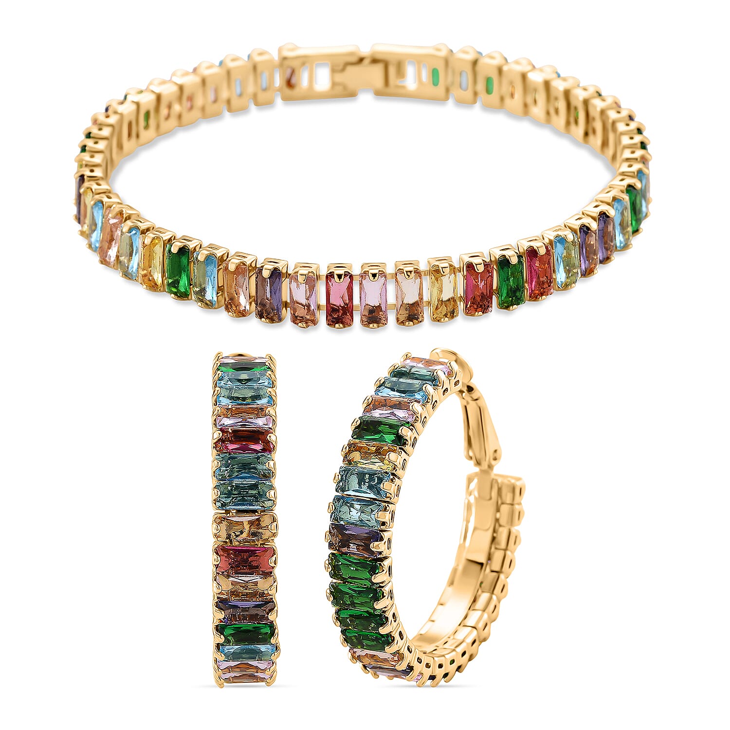 Set of 2 - Green Glass, Blue Glass & Multi Colour Cubic Zirconia Tennis Bracelet (Size - 7) & Earring with Clasp 19.50 Ct.