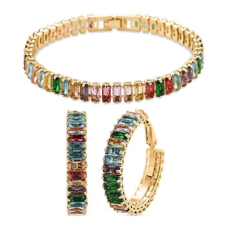 Set of 2 - Green Glass, Blue Glass & Multi Colour Cubic Zirconia Tennis Bracelet (Size - 7) & Earring with Clasp 19.50 Ct.