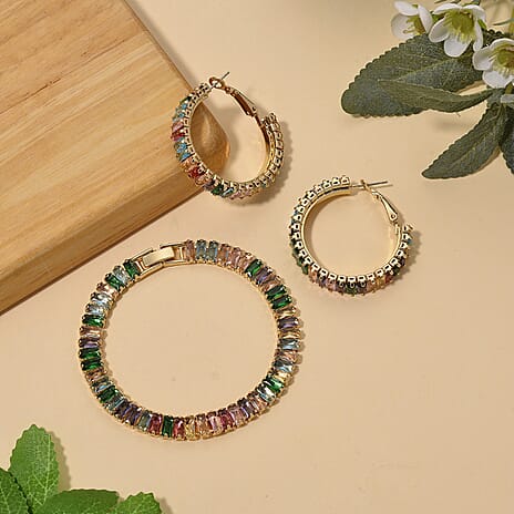Set of 2 - Green Glass, Blue Glass & Multi Colour Cubic Zirconia Tennis Bracelet (Size - 7) & Earrings with Clasp 19.50 Ct.
