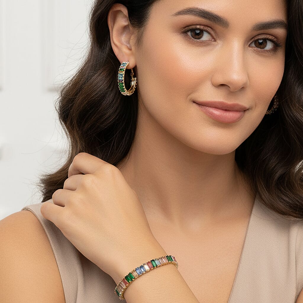 Set of 2 - Green Glass, Blue Glass & Multi Colour Cubic Zirconia Tennis Bracelet (Size - 7) & Earring with Clasp 19.50 Ct.