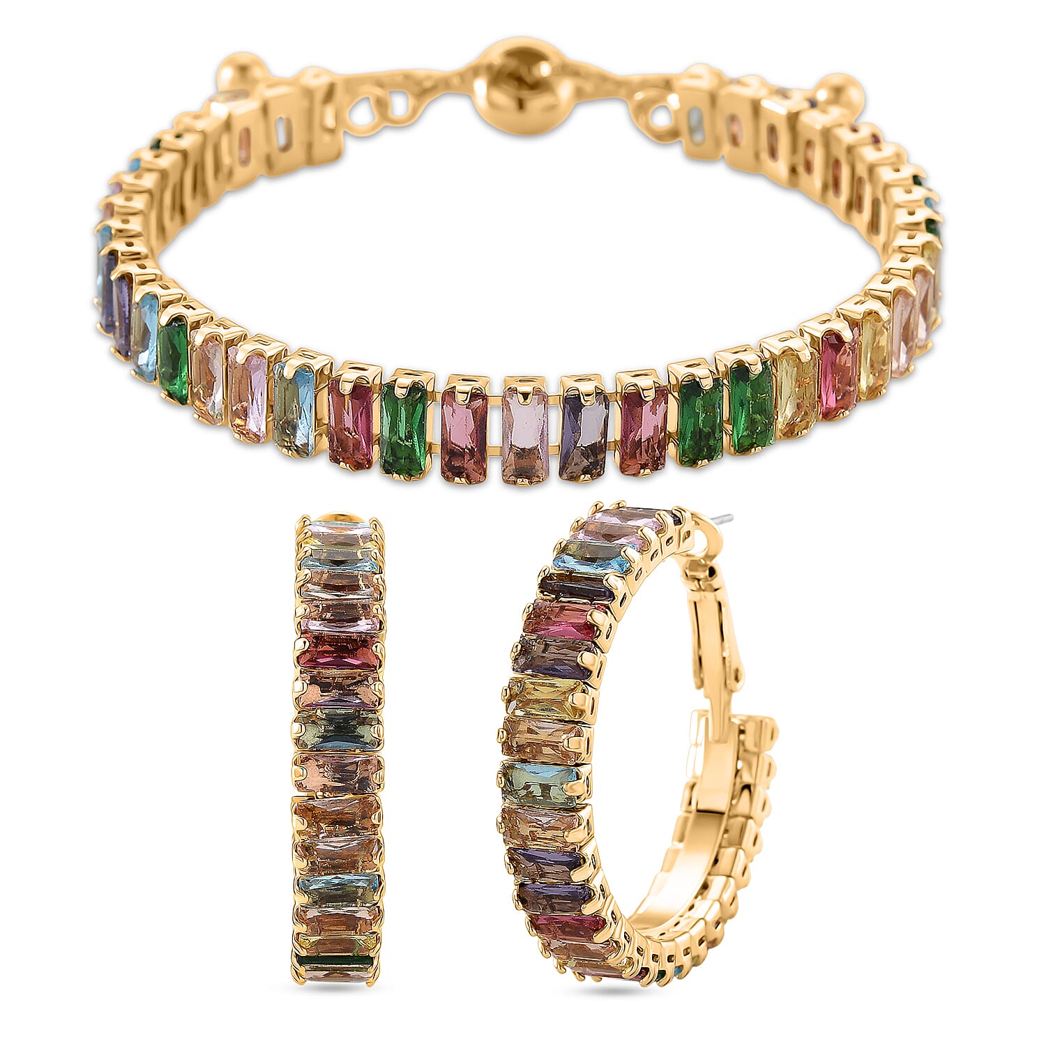 Set of 2 - Multi Color Cubic Zirconia Adjustable Bracelet (Size 6.5-9.5) & Earring with Clasp 20.00 Ct.
