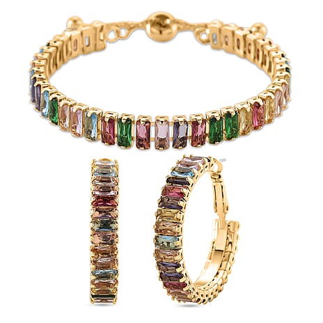 Set of 2 - Multi Color Cubic Zirconia Adjustable Bracelet (Size 6.5-9.5) & Earring with Clasp 20.00 Ct.