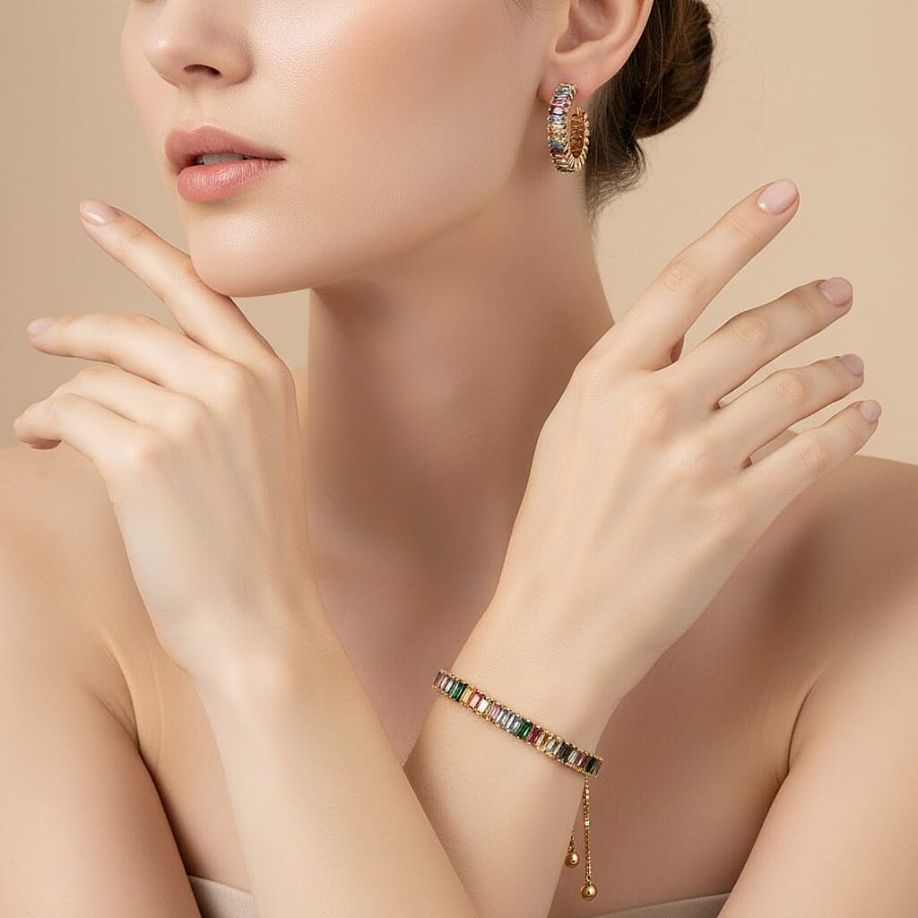 Set of 2 - Multi Color Cubic Zirconia Adjustable Bracelet (Size 6.5-9.5) & Earring with Clasp 20.00 Ct.