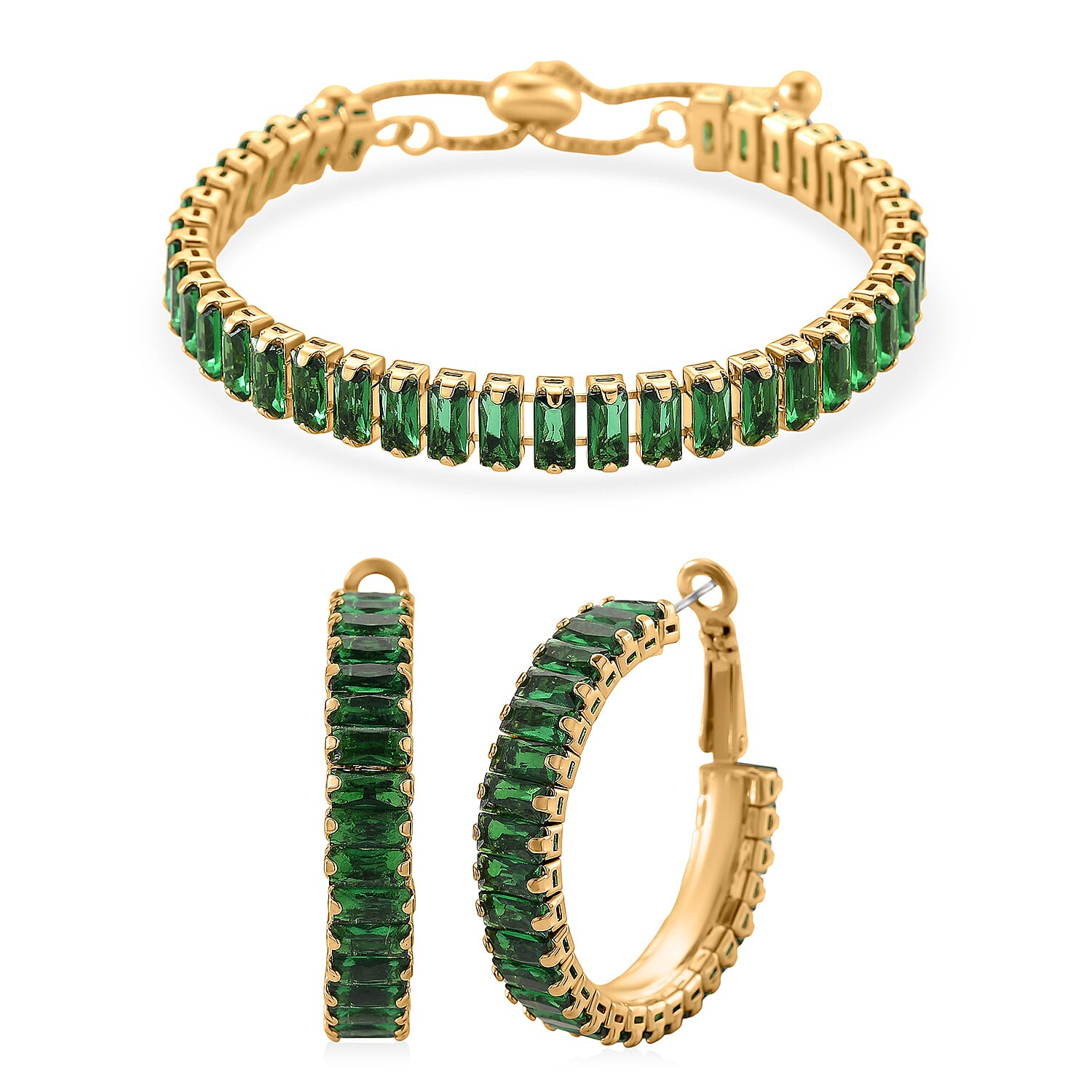 Set of 2 - Austrian Green Crystal Adjustable Bracelet (Size 6.5-9.5) & Earring with Clasp 11.00 Ct.