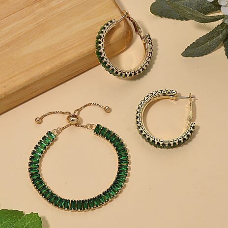 Set of 2 - Austrian Green Crystal Adjustable Bracelet (Size 6.5-9.5) & Earring with Clasp 11.00 Ct.