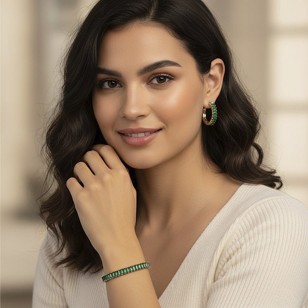 Set of 2 - Austrian Green Crystal Adjustable Bracelet (Size 6.5-9.5) & Earring with Clasp 11.00 Ct.