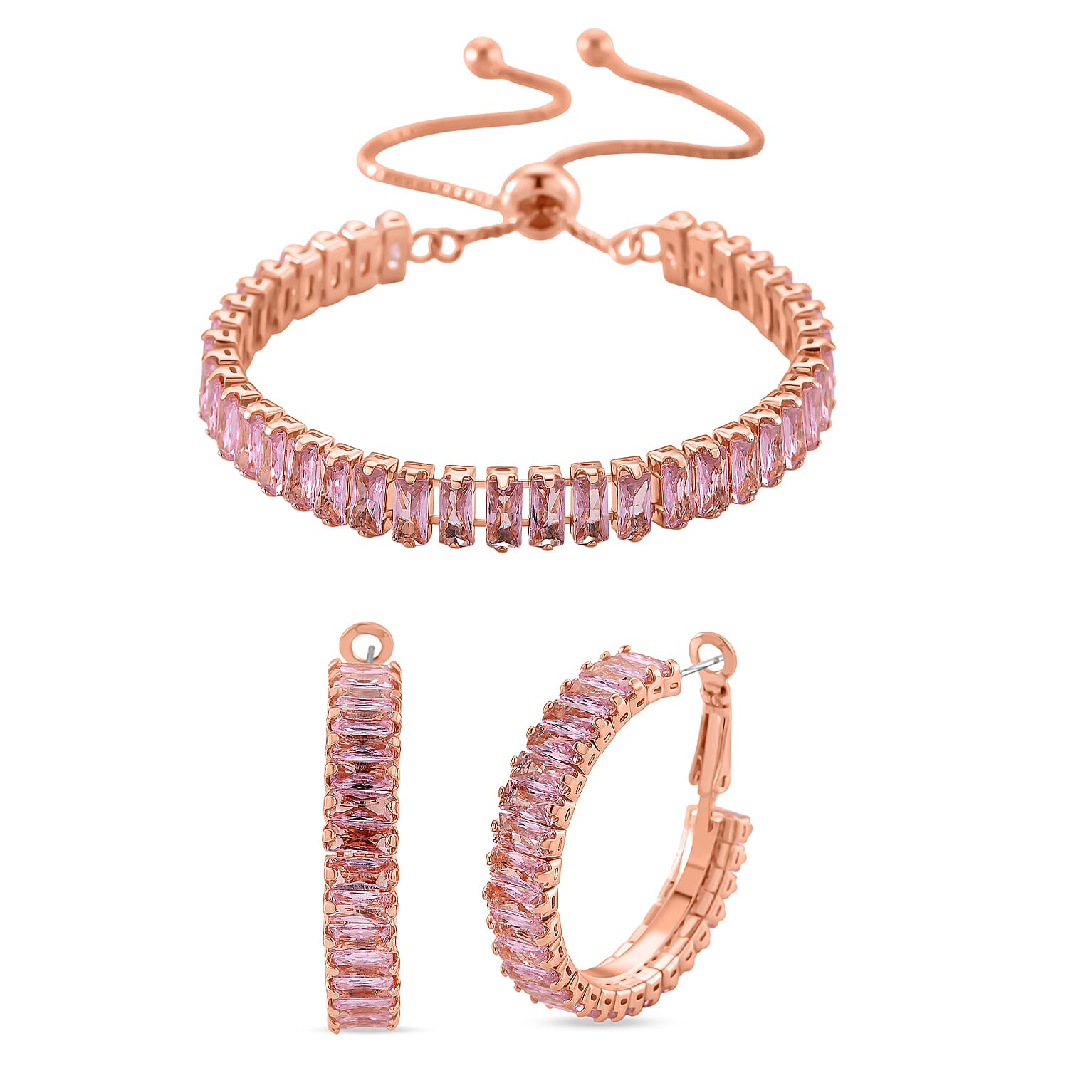 Set of 2 - Pink Cubic Zirconia Adjustable Bracelet (Size 6.5-9.5) & Hoop Earring with Clasp in Rose Gold Tone 20.00 Ct.