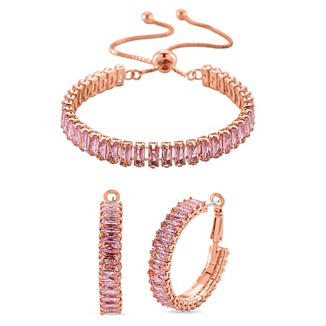 Set of 2 - Pink Cubic Zirconia Adjustable Bracelet (Size 6.5-9.5) & Hoop Earring with Clasp in Rose Gold Tone 20.00 Ct.