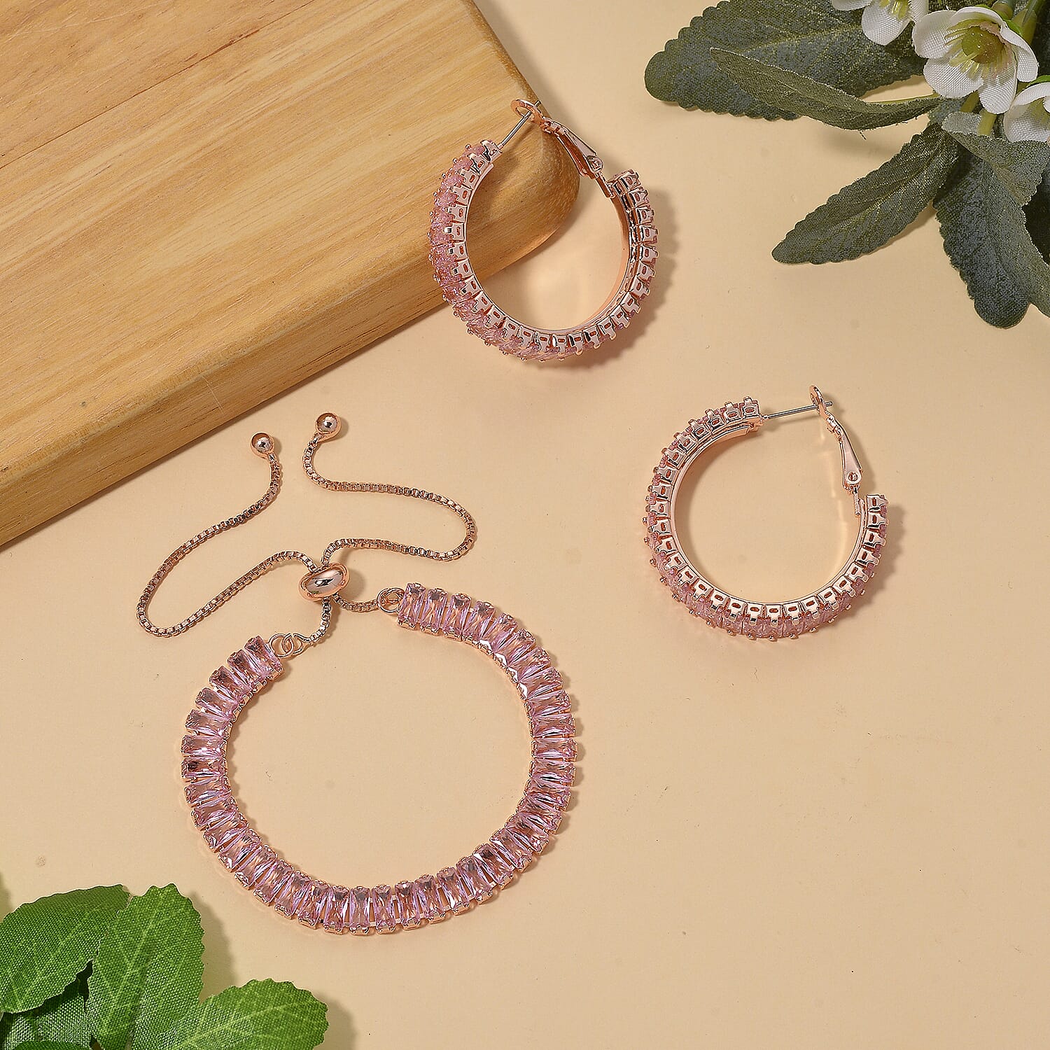 Set of 2 - Pink Cubic Zirconia Adjustable Bracelet (Size 6.5-9.5) & Hoop Earring with Clasp in Rose Gold Tone 20.00 Ct.