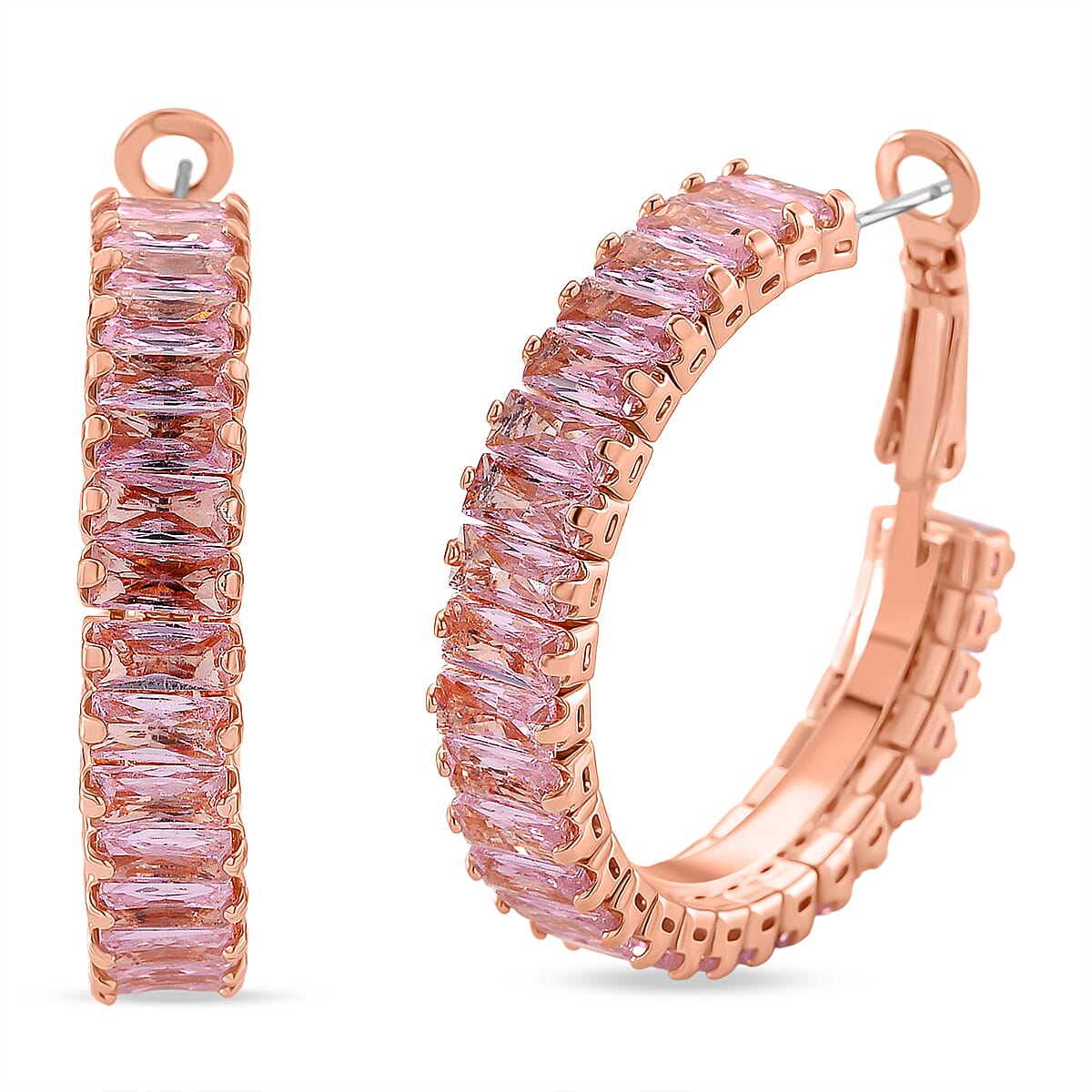 Set of 2 - Pink Cubic Zirconia Adjustable Bracelet (Size 6.5-9.5) & Hoop Earring with Clasp in Rose Gold Tone 20.00 Ct.