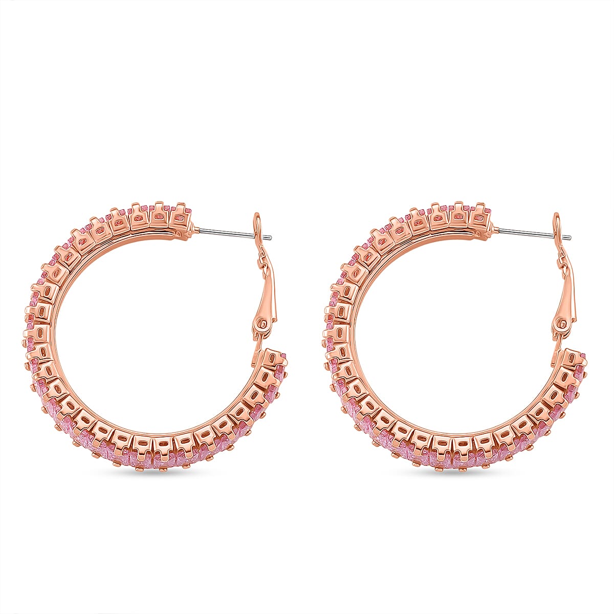 Set of 2 - Pink Cubic Zirconia Adjustable Bracelet (Size 6.5-9.5) & Hoop Earring with Clasp in Rose Gold Tone 20.00 Ct.