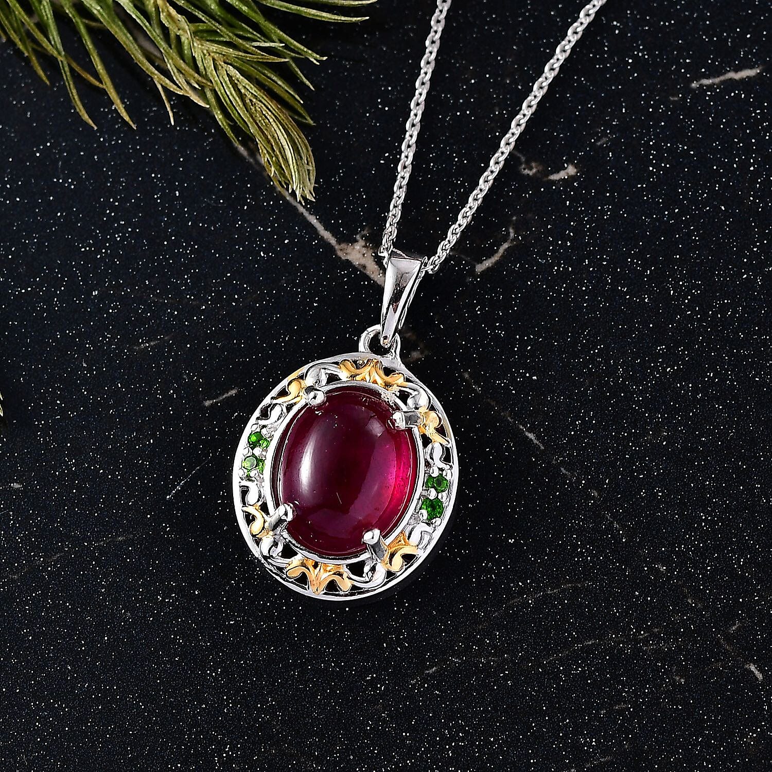 D'Joy African Ruby & Natural Chrome Diopside Pendant with Chain (Size 20) in 18K Vermeil Yellow Gold Plated & Rhodium Overlay Sterling Silver 5.90 Ct.