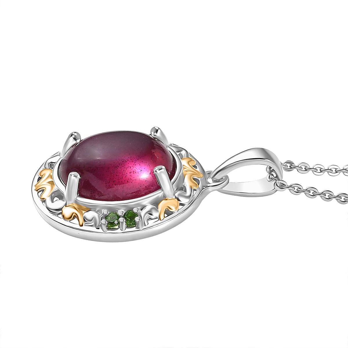 D'Joy African Ruby & Natural Chrome Diopside Pendant with Chain (Size 20) in 18K Vermeil Yellow Gold Plated & Rhodium Overlay Sterling Silver 5.90 Ct.