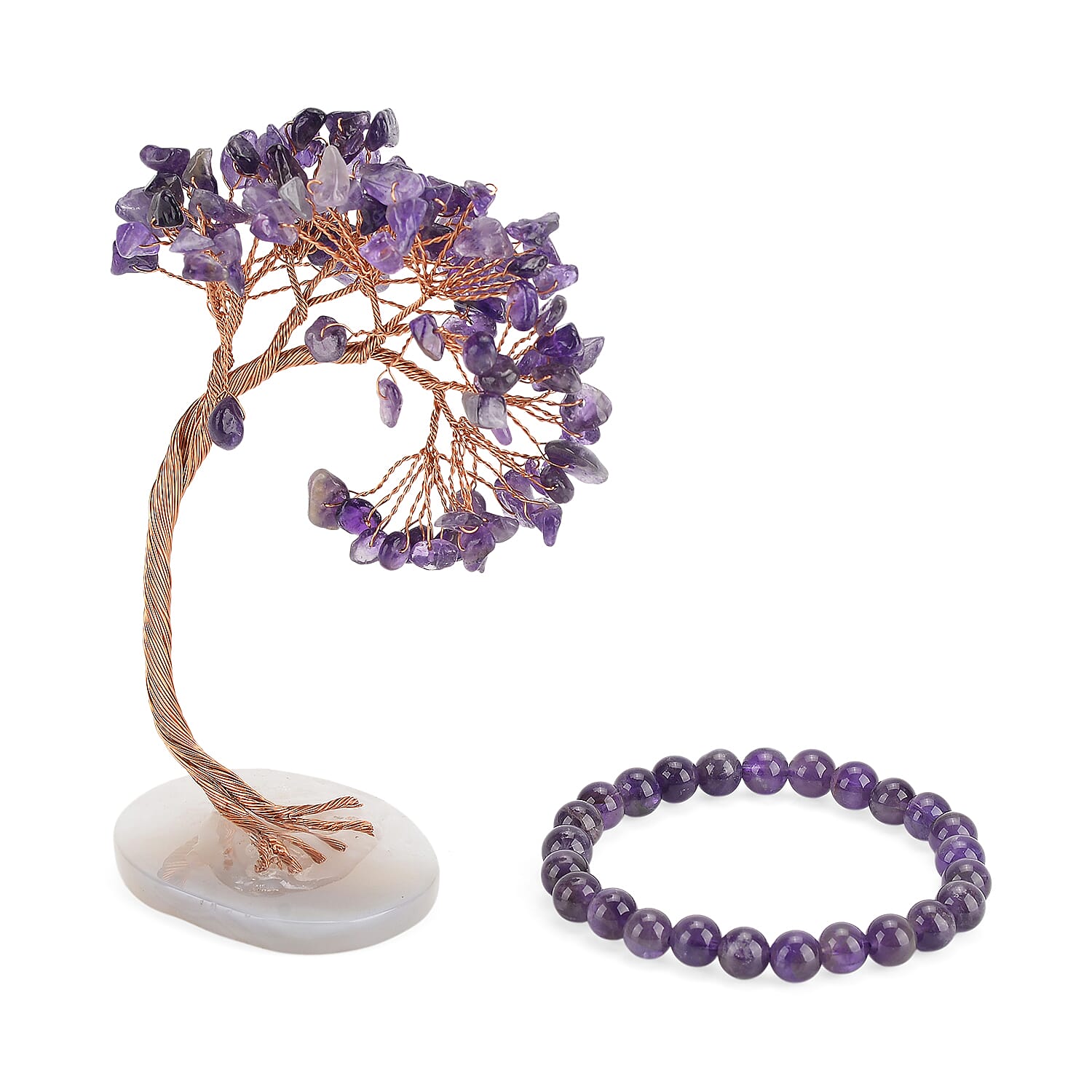 2 Piece Set - Zambian Amethyst Bracelet (Strechable) & Gemstone Tree in Rose Gold Plated 290.00 Ct.