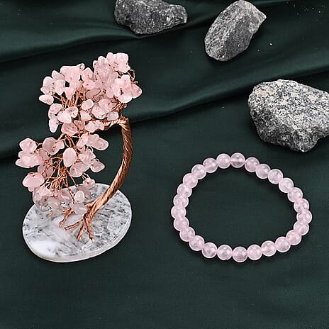 2 Piece Set - Rose Quartz Bracelet (Strechable) & Gemstone Tree in Rose Gold Plated 290.00 Ct.