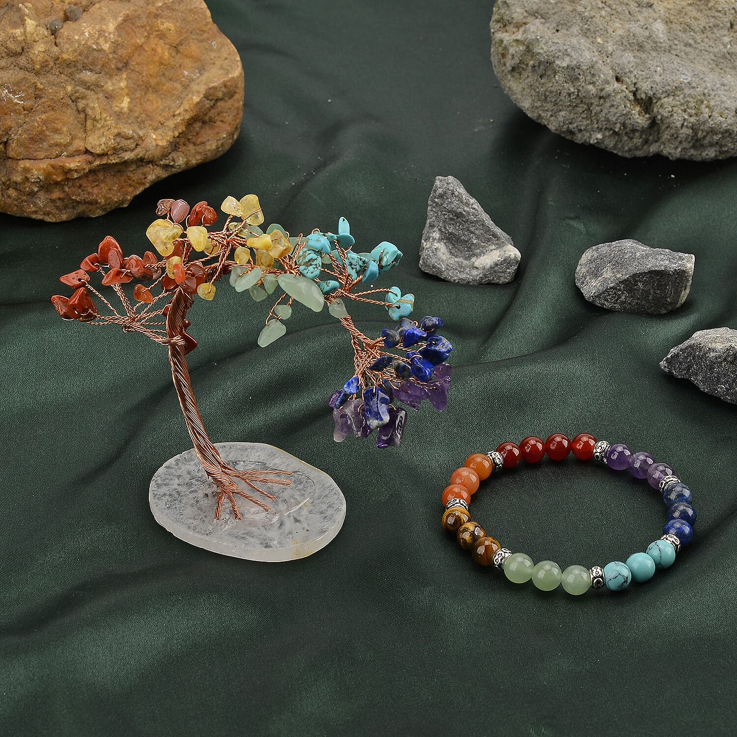 2 Piece Set - Multi Gemstones Tree & Bracelet (Strechable) 290.00 Ct.