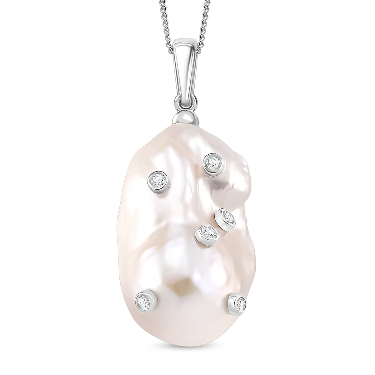 D'Joy White Baroque Pearl and Lab Grown Diamond Pendant with Chain (Size 18) in Rhodium Overlay Sterling Silver