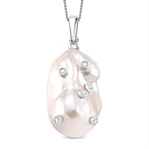 D'Joy White Baroque Pearl and Lab Grown Diamond Pendant with Chain (Size 18) in Rhodium Overlay Sterling Silver