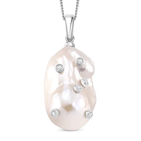 D'Joy White Baroque Pearl and Lab Grown Diamond Pendant with Chain (Size 18) in Rhodium Overlay Sterling Silver