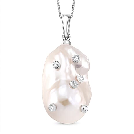 D'Joy White Baroque Pearl and Lab Grown Diamond Pendant with Chain (Size 18) in Rhodium Overlay Sterling Silver
