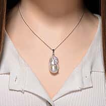 D'Joy White Baroque Pearl and Lab Grown Diamond Pendant with Chain (Size 18) in Rhodium Overlay Sterling Silver