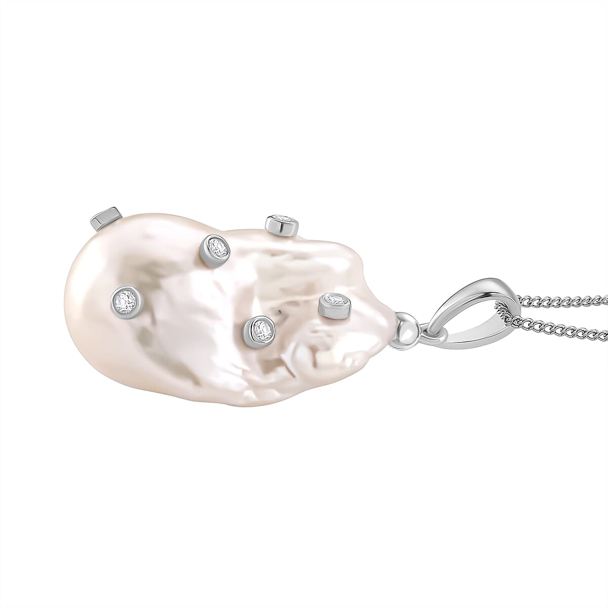 D'Joy White Baroque Pearl and Lab Grown Diamond Pendant with Chain (Size 18) in Rhodium Overlay Sterling Silver