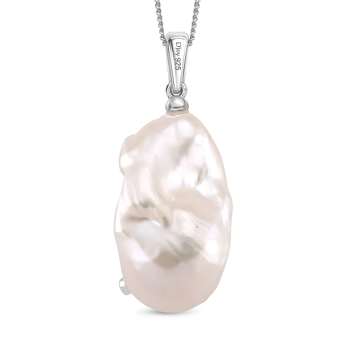 D'Joy White Baroque Pearl and Lab Grown Diamond Pendant with Chain (Size 18) in Rhodium Overlay Sterling Silver