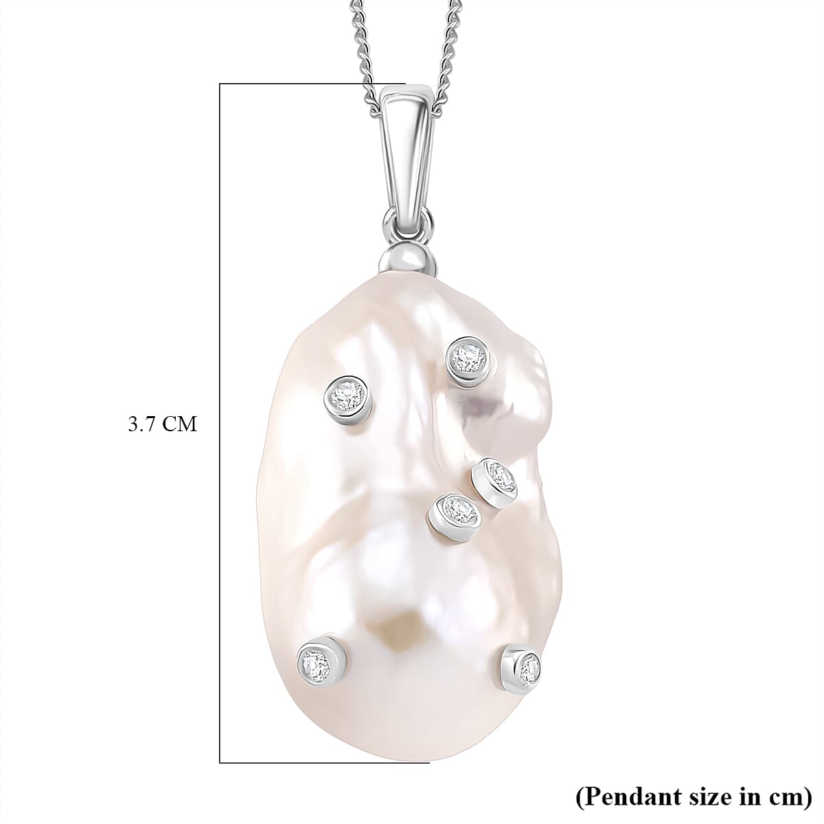 D'Joy White Baroque Pearl and Lab Grown Diamond Pendant with Chain (Size 18) in Rhodium Overlay Sterling Silver