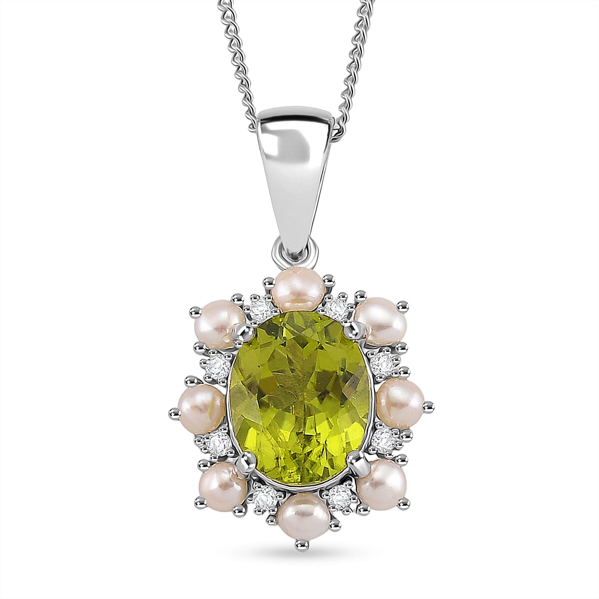 D'Joy Peridot, White Pearl & Moissanite Pendant with Chain (Size 18) in Rhodium Overlay Sterling Silver 3.90 Ct.