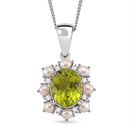 D'Joy Peridot, White Pearl & Moissanite Pendant with Chain (Size 18) in Rhodium Overlay Sterling Silver 3.90 Ct.