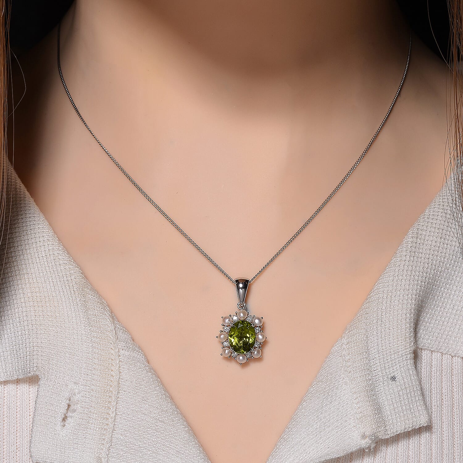 D'Joy Peridot, White Pearl & Moissanite Pendant with Chain (Size 18) in Rhodium Overlay Sterling Silver 3.90 Ct.
