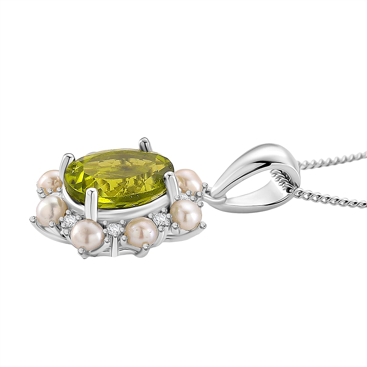 D'Joy Peridot, White Pearl & Moissanite Pendant with Chain (Size 18) in Rhodium Overlay Sterling Silver 3.90 Ct.