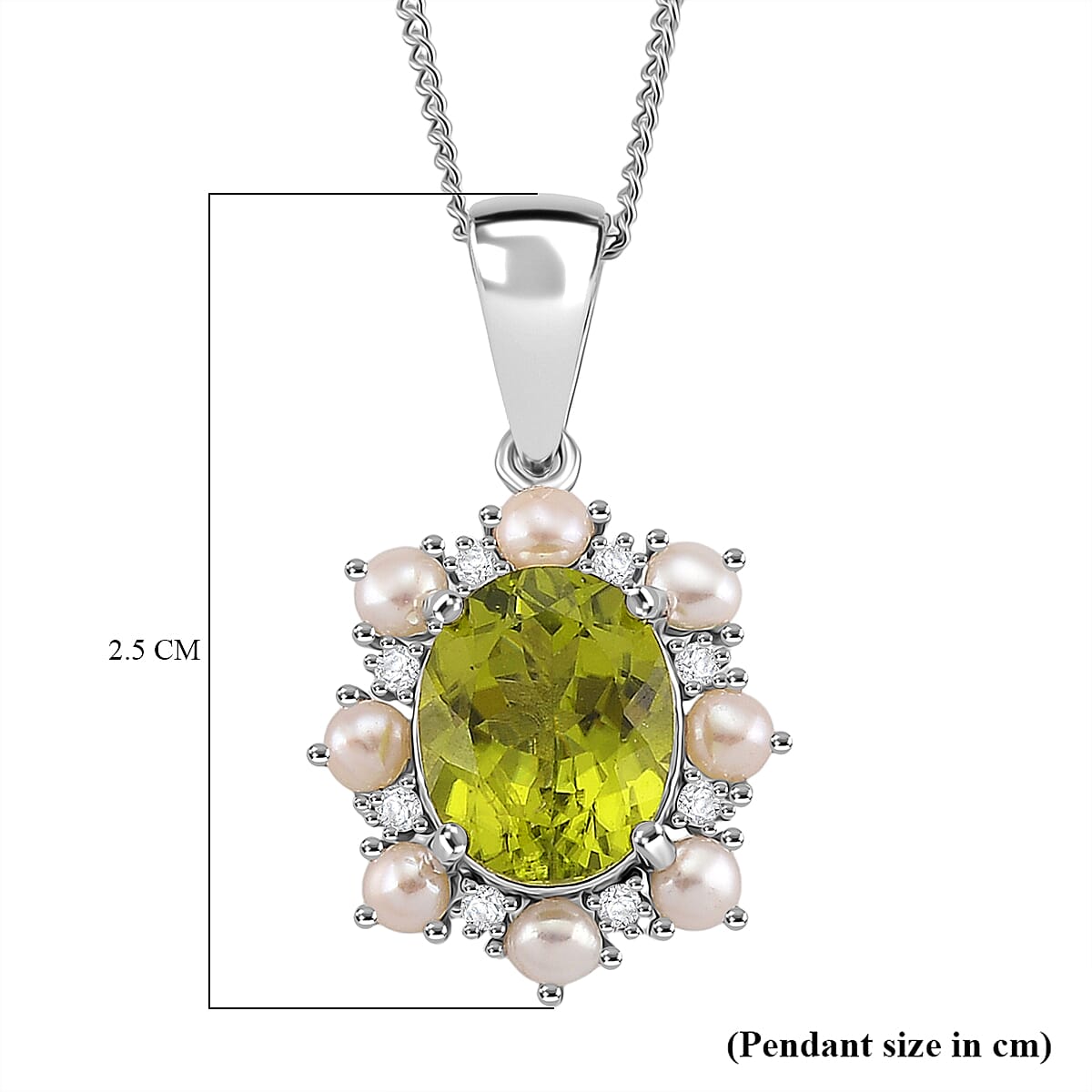 D'Joy Peridot, White Pearl & Moissanite Pendant with Chain (Size 18) in Rhodium Overlay Sterling Silver 3.90 Ct.