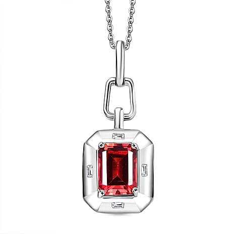 D'Joy Lab Grown Padparadscha Sapphire & White Zircon Pendant with Curb Chain (Size 20) in Rhodium Overlay Sterling Silver 2.20 Ct.