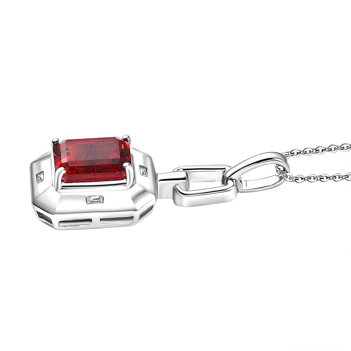 D'Joy Lab Grown Padparadscha Sapphire & White Zircon Pendant with Curb Chain (Size 20) in Rhodium Overlay Sterling Silver 2.20 Ct.